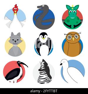 Sticker de pigeon et de poulet, avatar de poule, badge d'avatar animal, illustrations d'animaux vectoriels, coq et vipère, faune lézard Illustration de Vecteur