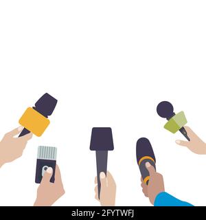 Mains avec microphones. Conférence de presse de journalistes, journaliste d'interview, communication de journalisme, nouvelles des médias de masse, microphone et lieu. Vecteur illus Illustration de Vecteur