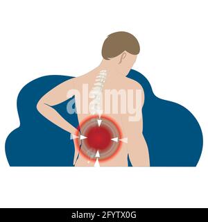 Douleur dans le dos, tension d'étirement ou protrusion, disque hernié. Point de douleur vectoriel dans le squelette, douleur corporelle, lésion vectorielle de la colonne vertébrale, mal de vertèbre, hur Illustration de Vecteur