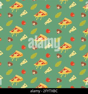 Un enveloppeur à motif sans couture avec une tranche de pizza, de tomate et de champignon pour la pizzeria. Vector italian Delicious ingredient ingrepart of pizza background to Illustration de Vecteur