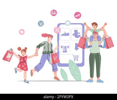Concept d'achat en ligne avec de petites personnes autour d'un smartphone. Famille avec enfants achetant des vêtements et des jouets dans la boutique Internet via l'application mobile, caricature ect Illustration de Vecteur