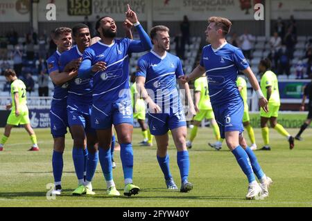 , HARTLEPOOL, Royaume-Uni 29 MAI Ryan Johnson de Hartlepool United célèbre après avoir marquant leur premier but lors du match de la Vanarama National League entre Hartlepool United et Weymouth à Victoria Park, Hartlepool le samedi 29 mai 2021. (Credit: Mark Fletcher | MI News) Credit: MI News & Sport /Alay Live News Banque D'Images