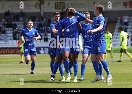 , HARTLEPOOL, Royaume-Uni 29 MAI Ryan Johnson de Hartlepool United célèbre après avoir marquant leur premier but lors du match de la Vanarama National League entre Hartlepool United et Weymouth à Victoria Park, Hartlepool le samedi 29 mai 2021. (Credit: Mark Fletcher | MI News) Credit: MI News & Sport /Alay Live News Banque D'Images