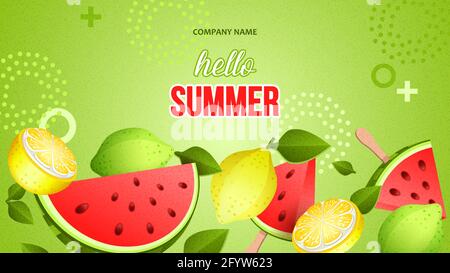 Arrière-plan d'été avec des fruits tropicaux tels que le citron vert, le citron et la pastèque Illustration de Vecteur