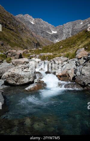 Petite cascade dans la vallée de la montagne, Otira Valley Walk, Otira, près du col Arthurs, Canterbury, Île du Sud, Nouvelle-Zélande Banque D'Images