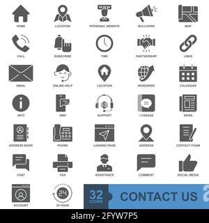 Contactez-nous ligne mince minimale, solide, glyphe, couleur, ensemble d'icônes Web. Collection d'icônes de contour. Illustration vectorielle simple. Illustration de Vecteur