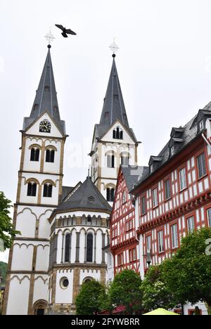 Clochers de l'ancienne cathédrale de Boppard, Allemagne Banque D'Images