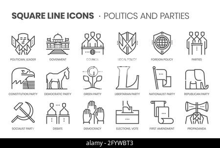 Politique et partis liés, ligne carrée vecteur icône ensemble pour les applications et le développement de site Web. L'ensemble d'icônes est pixelparfait avec une grille 64x64. CRAF Illustration de Vecteur