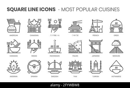 Jeu d'icônes vectorielles à lignes carrées pour applications et développement de sites Web en rapport avec les cuisines populaires. L'ensemble d'icônes est pixelparfait avec une grille 64x64. Conçu Illustration de Vecteur