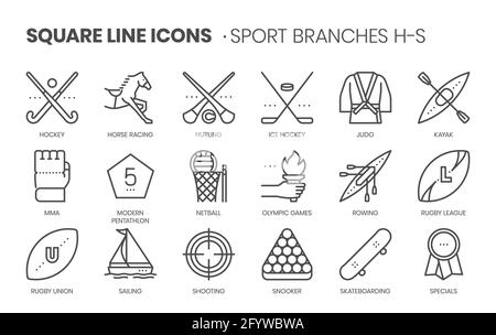 Branches de sport liées, ligne carrée vecteur icône ensemble pour les applications et le développement de site Web. L'ensemble d'icônes est pixelparfait avec une grille 64x64. Wi conçu Illustration de Vecteur