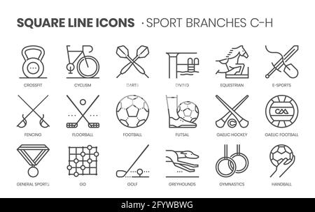 Branches de sport liées, ligne carrée vecteur icône ensemble pour les applications et le développement de site Web. L'ensemble d'icônes est pixelparfait avec une grille 64x64. Wi conçu Illustration de Vecteur