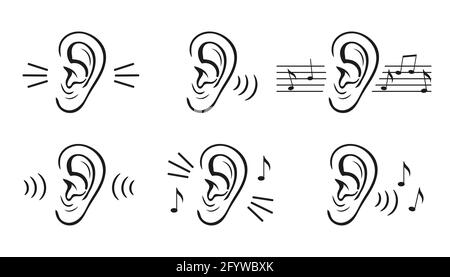 Jeu d'icônes de test auditif de l'oreille. Perception du son. L'homme entend du bruit ou de la musique. Volume de niveau. Perte d'écoute. Recevez des informations, des actualités. Vecteur de contour Illustration de Vecteur