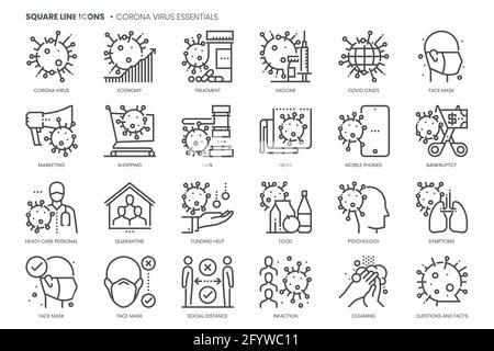 Jeu d'icônes vectorielles en ligne carrée pour applications et développement de sites Web liés au coronavirus. L'ensemble porte sur la quarantaine, les risques biologiques, la contamination, l'epid Illustration de Vecteur
