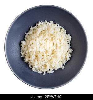 vue de dessus de porridge beurré de riz étuvé en gris bol isolé sur fond blanc Banque D'Images