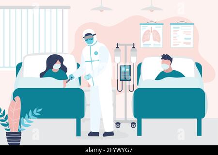 Les malades sont au lit à l'hôpital. Chambre dans la clinique. Personnel médical en uniforme de protection et patients infectés. Soins de santé et aide. Infection virale, Illustration de Vecteur