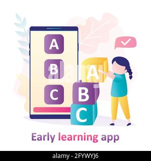 Fille jouant à un jeu éducatif avec des cubes. Application d'apprentissage précoce sur l'écran du téléphone mobile. L'enfant apprend l'alphabet à l'aide de l'application. Concept de l'ed en ligne Illustration de Vecteur