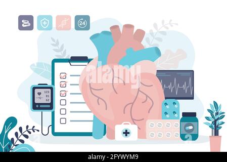 Cœur connecté à l'équipement médical. Diagramme de pulsation sur l'écran du moniteur. Examen du système circulatoire pour les maladies. Concept de cardiologie, medi Illustration de Vecteur