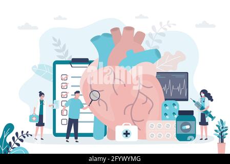 Le personnage masculin examine le cœur avec une loupe. L'équipe de médecins traite le système cardiovasculaire. Сardiologist contient la seringue avec des médicaments. Concept o Illustration de Vecteur