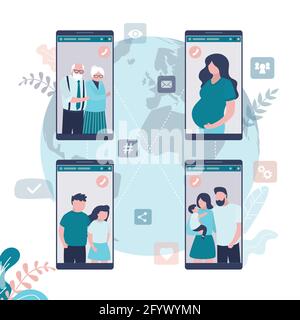 Différentes personnes communiquent par appel vidéo. Femme enceinte sur l'écran du téléphone portable. Famille avec un petit enfant sur l'écran d'un smartphone. Concept de nouvelle technologie Illustration de Vecteur