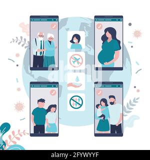 Les personnes communiquent par appel vidéo en ligne. Une grande famille parle sur l'écran d'un smartphone. Nouvelle technologie de conférence à distance. Social distance, Covid-19 preve Illustration de Vecteur