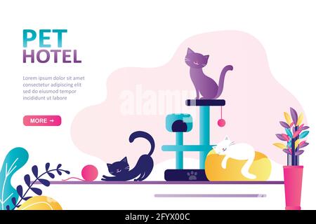 Chat mignon jouant avec clew. Chaton de dessin animé assis sur un poteau de griffure. Concept d'hôtel acceptant les animaux, animaux domestiques et affaires. Modèle de page d'arrivée. Web Illustration de Vecteur
