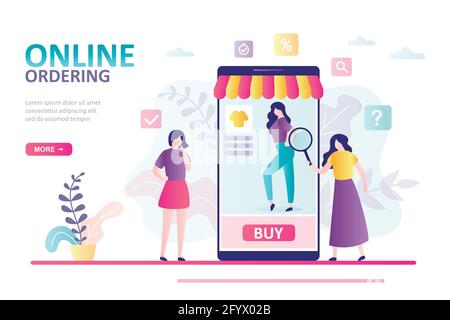 Les femmes de dessin animé choisissent des vêtements dans la boutique en ligne. Le modèle affiche le produit sur l'écran du smartphone. Le personnage féminin commande des produits sur Internet. Mobile en ligne sho Illustration de Vecteur