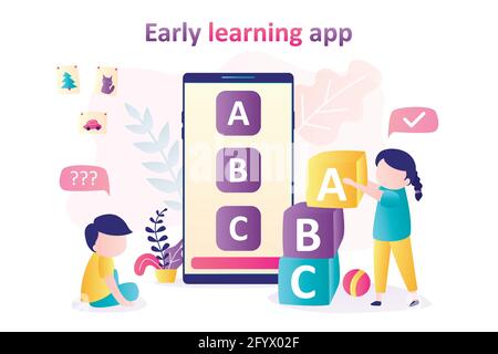 Application d'apprentissage précoce sur l'écran du smartphone. Garçon et fille jouant avec des blocs. Les enfants apprennent l'alphabet à l'aide de l'application. Les enfants jouent à un jeu d'apprentissage. En ligne Illustration de Vecteur