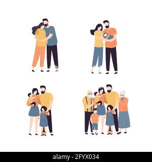 Ensemble de différents types de famille isolés sur fond blanc. Dessin animé jeune couple embrassant. Immense famille avec enfants et grands-parents. Mignonne femme et husba Illustration de Vecteur