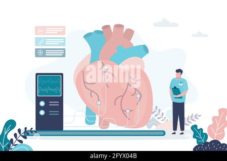 Le médecin examine le coeur pour les maladies avec l'équipement médical. Concept de cardiologie et de soins de santé. Contrôle du système circulatoire. Diagramme de pulsation sur mon Illustration de Vecteur