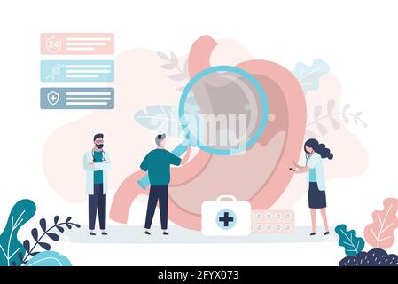 Le médecin tient la loupe et examine l'estomac. Groupe de gastro-entérologues analyse l'estomac énorme. Les travailleurs médicaux traitent le système digestif. Gastr Illustration de Vecteur