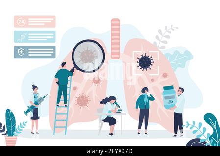 Les médecins examinent, traite les poumons avec de l'équipement. Maladies d'analyse de caractères mâles avec loupe. Organe respiratoire affecté par le coronavirus. Pulmona Illustration de Vecteur