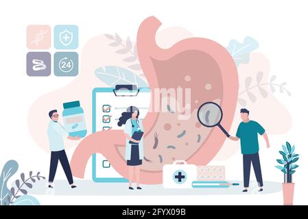 Groupe de médecins examinent l'estomac pour les maladies. Diagnostic et traitement de la gastrite. Contrôle du système digestif. Concept de gastro-entérologie, soins de santé Illustration de Vecteur