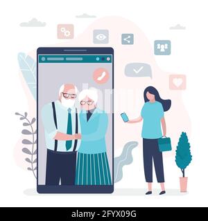 Vidéoconférence en ligne. Femme d'affaires utilise un smartphone. Grand téléphone mobile avec application de chat vidéo à l'écran. Femme parlant aux parents. Communication à distance Illustration de Vecteur