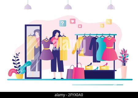 Femme personnage essayer sur les robes dans magasin de mode. Différents vêtements suspendus sur le cintre. La femme choisit entre deux robes. Intérieur de la boutique de vêtements. Buye Illustration de Vecteur