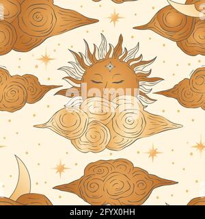 Soleil céleste et lune doré sans coutures. Or magie alchimie fond, astrologie art. Illustration vectorielle Illustration de Vecteur