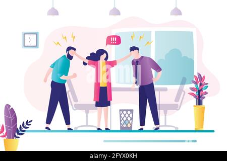 La travailleuse met fin aux conflits entre deux hommes en colère. Stress, gestion des émotions au travail. Situation de conflit au bureau entre les travailleurs. Offre Illustration de Vecteur