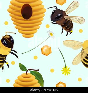 Motif sans couture avec abeille, nid d'abeille, ruche, fleur pour votre conception. Illustration vectorielle. Illustration de Vecteur