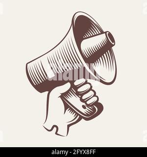 La main dans le gant contient le mégaphone. Dessin à la main vintage gravure propagande concept. Illustration vectorielle. Illustration de Vecteur