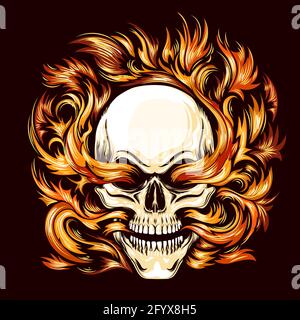 Tatouage de crâne brûlant dans la flamme de l'Enfer isolé sur blanc. Illustration vectorielle. Illustration de Vecteur
