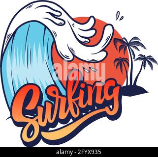 Surf. Illustration de l'onde de mer avec lettrage. Élément design pour t-shirt, affiche, carte, bannière, affiche, emblème. Illustration vectorielle Illustration de Vecteur