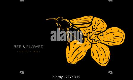 Illustration vectorielle de l'abeille et de la fleur volantes isolées sur fond noir. Décoration murale moderne, affiche ou couverture artistique. Illustration de Vecteur