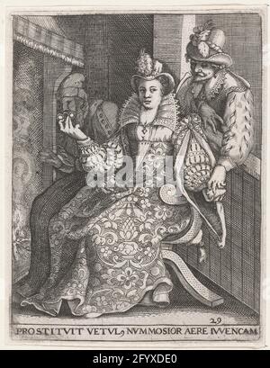 Jeune femme entre un jeune et un vieil homme; Prostitvit Vetuvl NVM Moisson Aere Ivvencam; Emblemata Saecularia, 1596. Une femme élégamment habillée est assise devant un feu ouvert, entre un jeune homme à qui elle donne son coeur et un vieil homme qui tient des lunettes. Le jeune homme reçoit le cœur. Le vieil homme (Den Ouden Cuden Hutselaer) est « en pot », c'est-à-dire trompé et peut chauffer ses mains froides à la cheminée. Il a lui-même publié l'imprimé de Gilles van Breen à Pieter de Jode, qui a servi le Bry, avec son frère Johan Israël. Banque D'Images