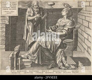 Dialectique (art du raisonnement); les sept arts libéraux Dialectica est assis sur une chaise dans un espace avec des murs de pierre et des conflits avec un vieil homme. Elle compte ses arguments aux doigts. Sur sa tête et sur la main courante de sa chaise se trouvent des oiseaux, deux crapauds au sol. La dialectique repose avec son pied sur une pile de livres de penseurs importants. Banque D'Images