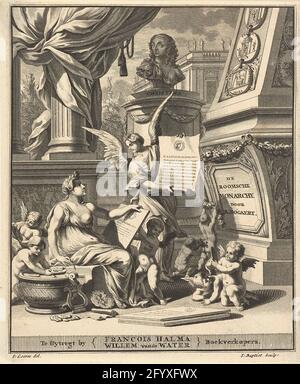 Page de titre pour A. Bogaert, monarchie roumaine, présente dans les statues monétaires du Wesche et Oostersche KEZE, Utrecht 1697. Une femme écrit un texte sur une table au sujet de l'empereur romain Caligula. Putti jouer autour d'elle. En arrière-plan, il y a une photo avec un portrait de Christina de Suède. Banque D'Images