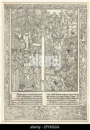 Clovis I baptême I et la bataille de Tolbiac. Scènes de la vie du roi Clovis I. Clovis du bas à cheval pendant la bataille de Tolbiac, clovis du haut à droite qui promet de convertir sa femme Clothilde au christianisme, clovis du haut à gauche pour l'autel, clovis du bas à gauche le baptême de clovis par Remigius. Sous le texte de deux colonnes en français, autour des bords décoratifs de la montre. Imprimé de plusieurs blocs. Banque D'Images