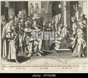 Générosité de la pauvre veuve; Vita, Passio et Resvrrectio IESV Christi; vie, passion et résurrection du Christ. Christ indique ses étudiants sur une pauvre veuve qui jette un peu d'argent dans le bureau. Cette veuve a donné plus que les grands dons des riches parce qu'ils ne peuvent pas manquer cet argent (Luc 21: 1-4). L'impression comporte une légende latine. L'imprimé fait partie d'une série sur la vie du Christ. Banque D'Images