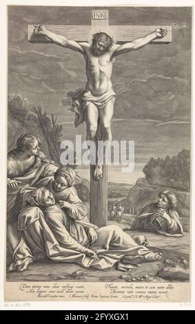 Crucifixion du Christ. Christ a cloué Christ. Maria se trouve au pied de la croix, soutenue par les femmes saintes. Jean-Baptiste est représenté à droite de la croix. Le crâne au pied de la croix indique non seulement Colgotha, la place du crâne, mais présente également le crâne d'Adams. Banque D'Images