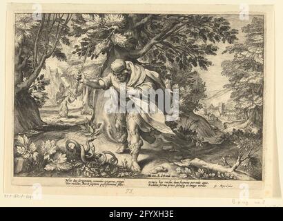 Teiresias stocke deux tuyaux de tare; les métamorphies d'Ovidius. Teiresias bat deux serpents appariés dans une forêt. Il a ensuite changé en femme. Sept ans plus tard, il rechangea en homme, après avoir à nouveau battu deux serpents appariés; cela peut être vu à gauche. Sous l'affichage deux fois deux lignes de texte latin. Cet imprimé fait partie d'une série de 52 imprimés qui dépeignent des histoires des métamorphies d'Ovidius. Cette série varie en trois séries numérotées : deux sur 20 et une sur 12. Cette impression appartient à la troisième série. Banque D'Images