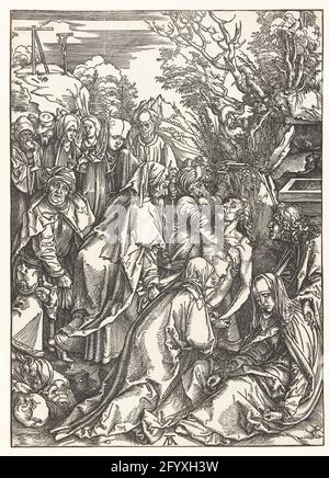 La pierre tombale; la grande passion. Le corps du Christ est porté à une tombe par trois hommes. Un certain nombre de personnes, dont Maria et John, montres. Cet imprimé fait partie de la série imprimée « de Grote Passie », composée d'un titre imprimé et de 11 scènes de l'histoire de souffrance. Banque D'Images