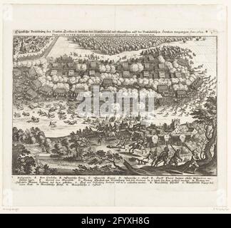 Bataille de Fleurus, 1622; Eigentliche VORBILDUNG DES coeurs Treffens so Zwischen den Mansfeldische [N] und Spanish Auff Den Brabändischen Grentzen Vingers Anno 1622.; Praelium Inter Hispanos et Mansfeldicos as Floreacum in Brabantia. Bataille de Fleurus à Hainaut entre l'armée sous Christiaan Hertog van Brunswijk et Ernst Graaf van Mansfeld contre l'armée espagnole sous Gonzalo Fernández de Córdoba, 29 août 1622. Dans la légende de Legend A-N en allemand. Banque D'Images